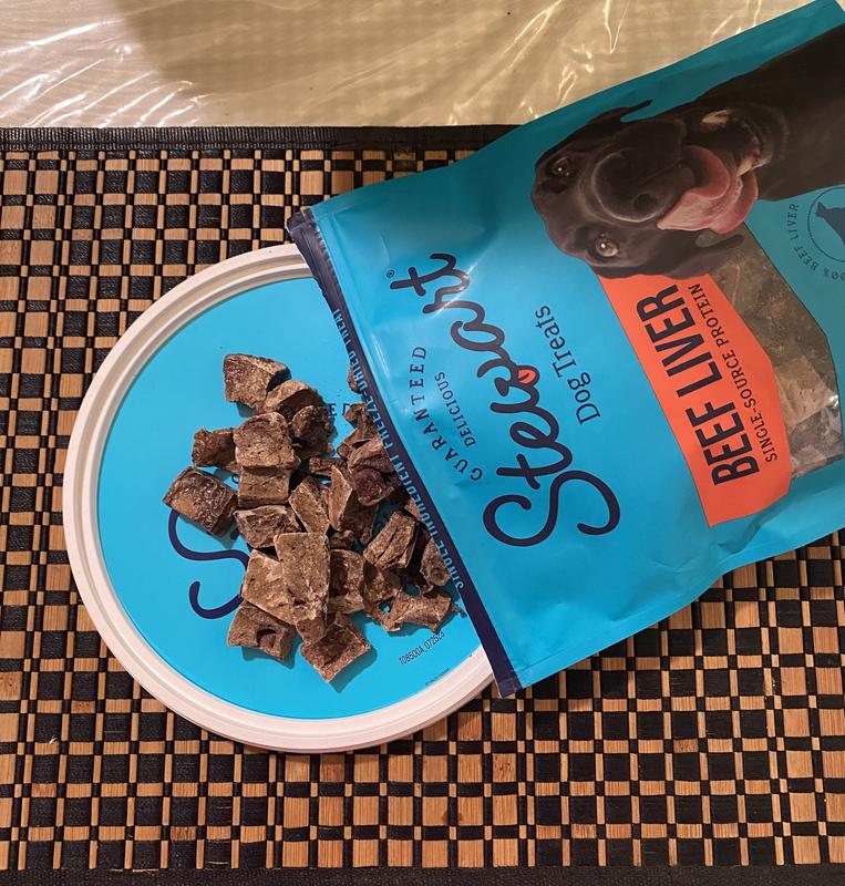 Stewart Beef Liver Freeze-Dried Treats. Single ingredient, high quality, and dog-approved!