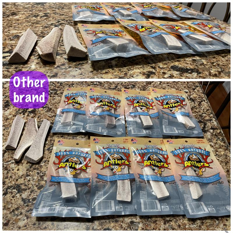 All 8 of my antlers next to 3 of another brand. Shows very different thickness and minimal marrow.