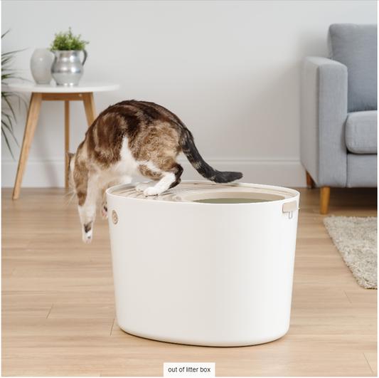 IRIS USA Top Entry Cat Litter Box with Scoop White Beige Large Chewy