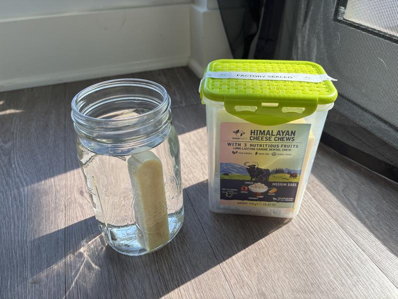 Soaking the chews in water can decrease the risk of your dog breaking a tooth on these hard chews