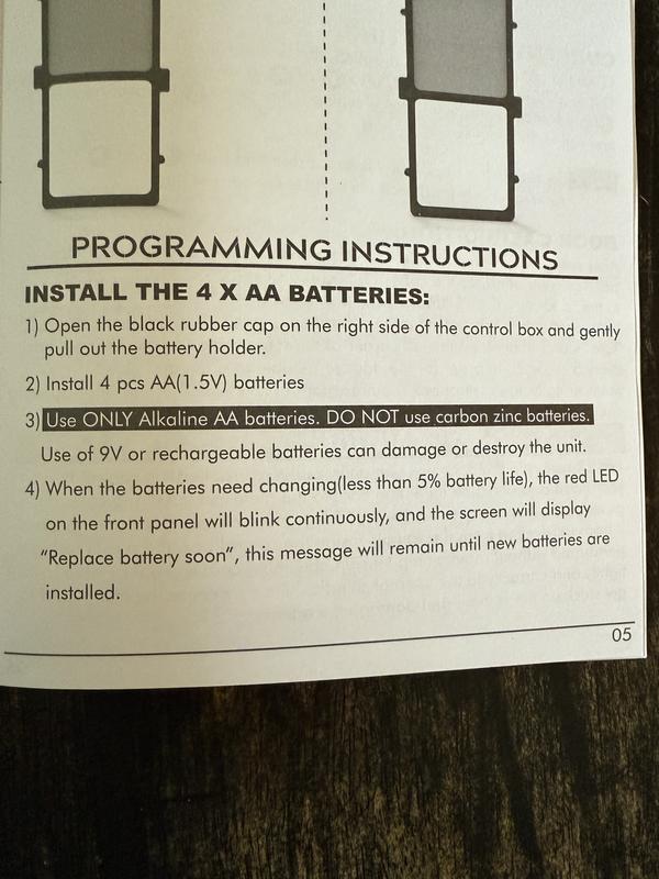 The instructions, note the red light to indicate low battery life.
