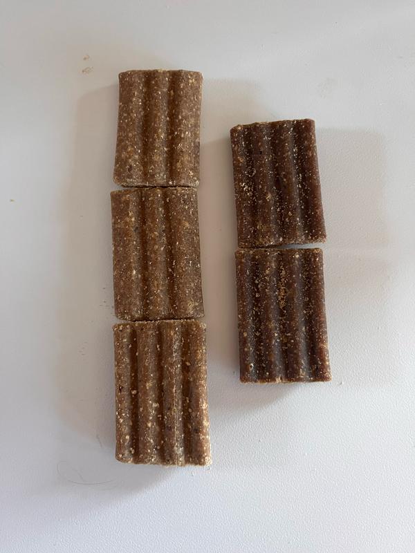 The ones on the Right are what we have left from last months. The ones on the left are what we received 2 days ago. they appear to be dried out and crumbly.