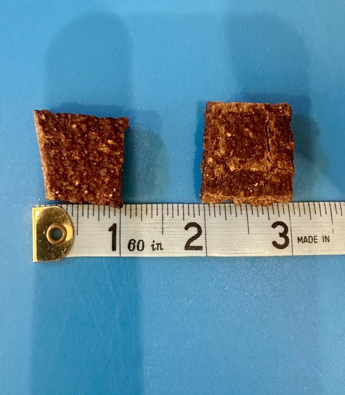 The treats are about 1" by 1" in size.