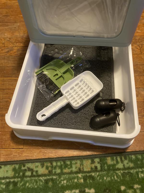 with litter mat, scoop, mini broom, and 2 rolls of trash bags w/holders