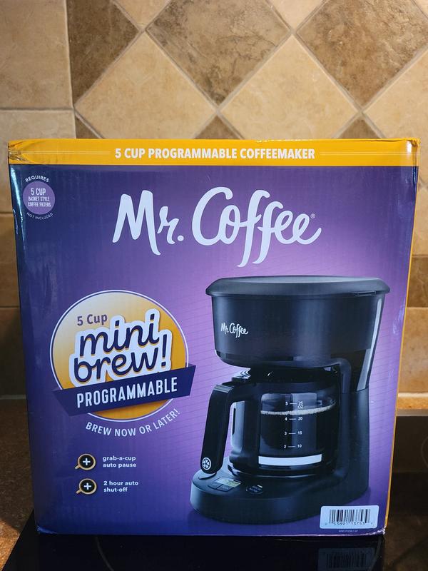 Mr. Coffee® 5-Cup Programmable Coffee Maker, 25 oz. Mini Brew, Brew Now or  Later, with Water Filtration and Nylon Filter