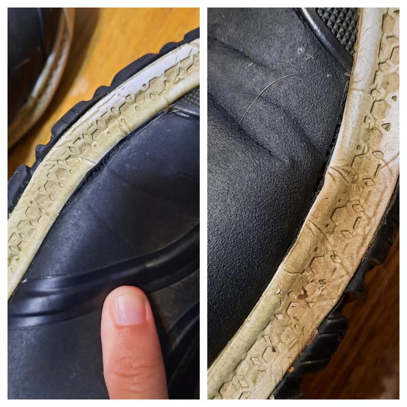 Showing the separation of the upper and sole, causing it to not be waterproof
