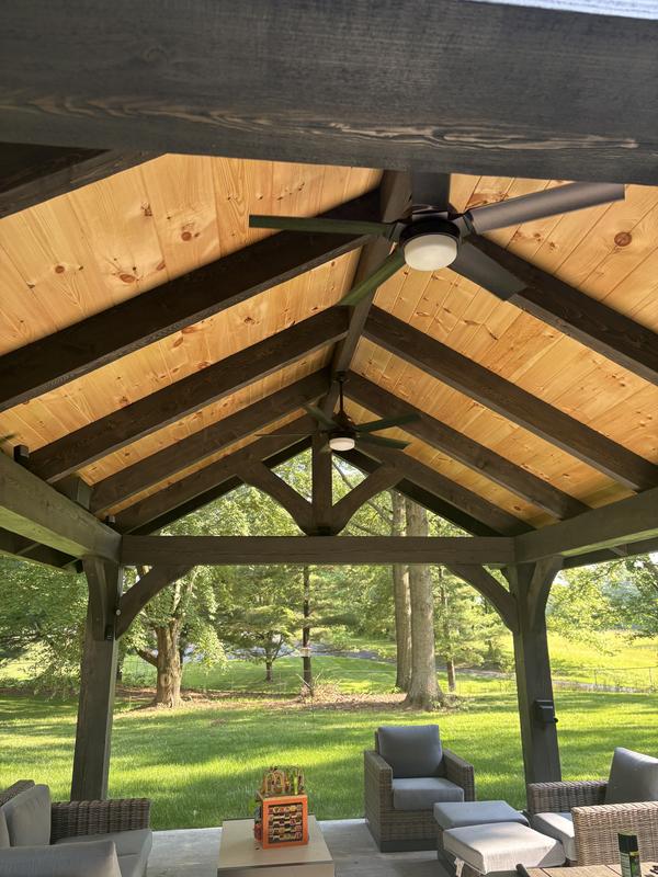 14x20 (+2ft overhangs) and 2 fans in 90 degree heat makes the area bearable.