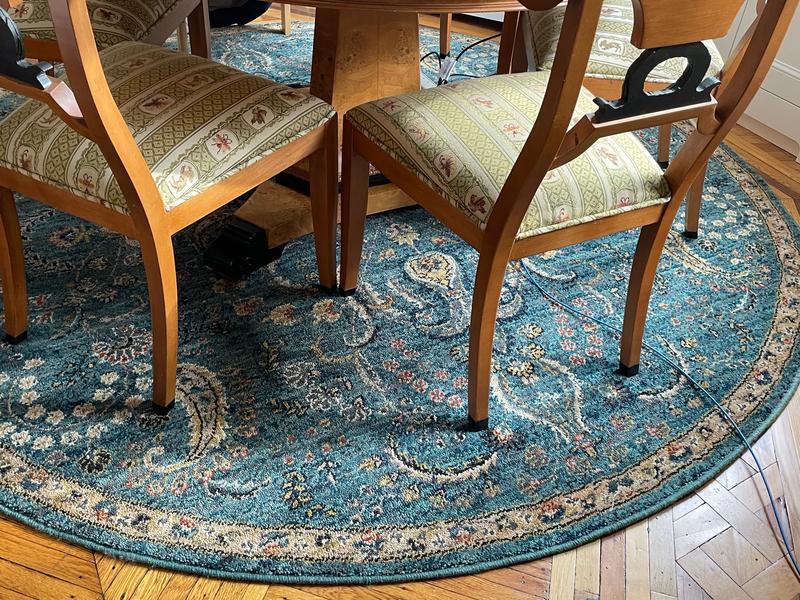 Noursion 2000 NR204 Teal 7.5' round rug in dining area