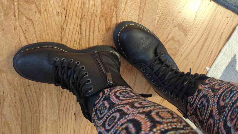 Customer photo for "Well made comfy leather boot but runs large"