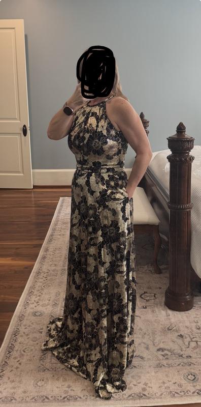 metallic floral halter dress Betsy & Adam Top Gown (Women) color_family:Yellow