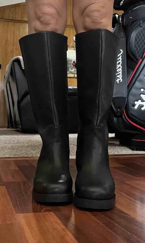 Customer photo for "Comfortable but too wide in the calf"