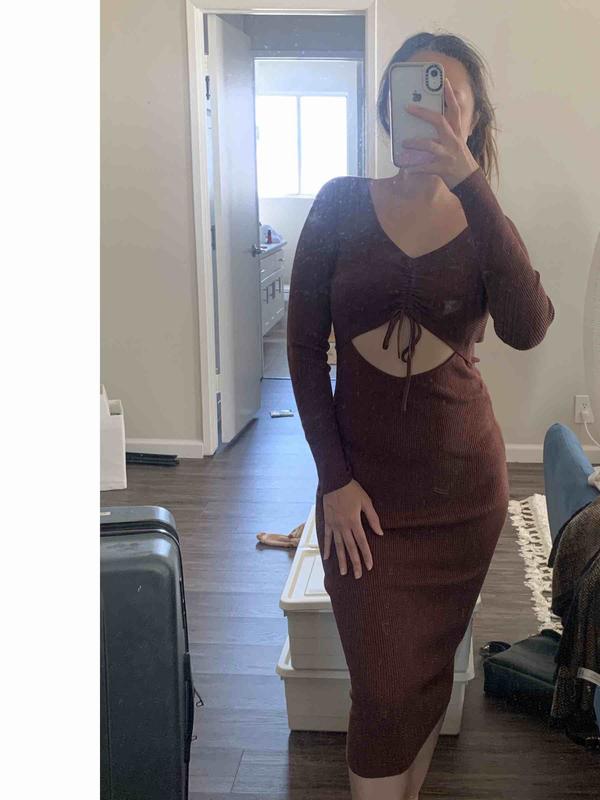 All in Favor Gathered Front Cutout Long Sleeve Rib Midi Dress | Nordstrom