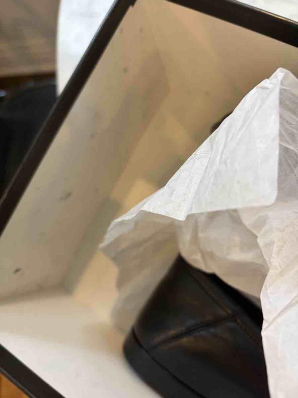 Customer photo for "Defaced box and no shoe bags or tissue"