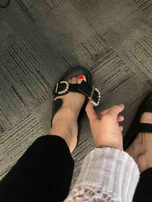 Stuart Weitzman Imitation Pearl Buckle Slide Sandal (Women