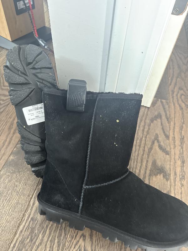 Used boots with security tag attached