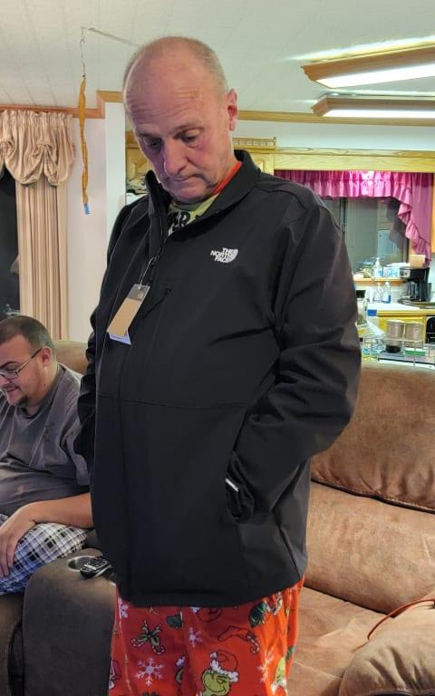 He couldn't wait to try it on. Fits perfectly. Size L. 5'11 190lbs