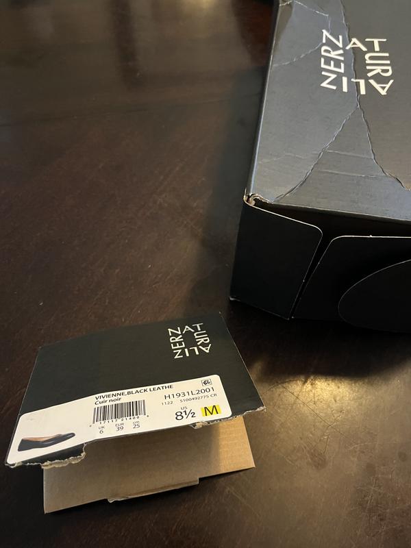 Shipping damage does not rip the end of a box off like this when it is inside a shipping bag. The box appears to have been a return possibly due to the right shoe defect. So disappointing, how did it pass quality control?.