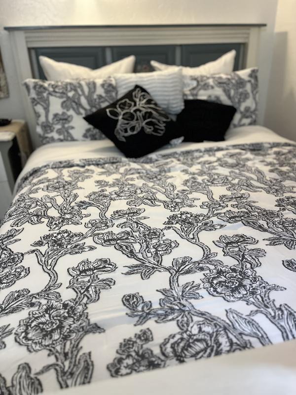 Grand Avenue Embrace timeless allure with our Floral Comforter Set. The  striking black and white palette effortlessly complements any style. Using  innovative Clip Jacquard technique, intricate floral patterns are woven  into the