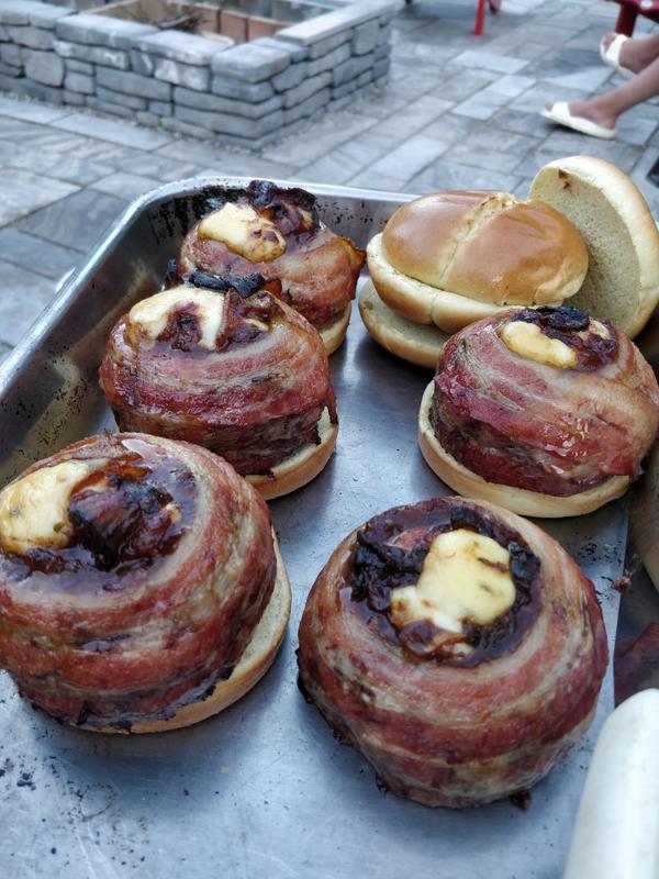 Beer can burgers grilled to perfection on a Napoleon.