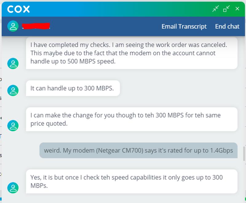 Cox 300 Mbps limit on CM700 Modem
