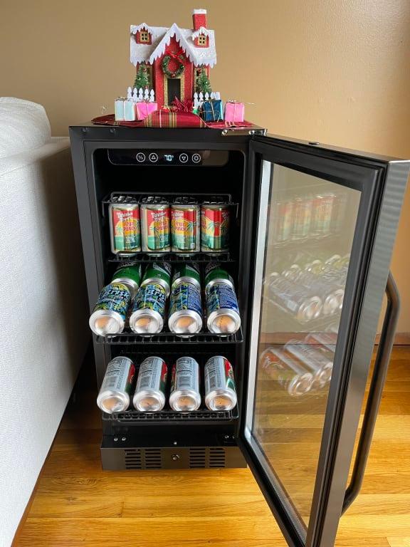 Our Newair 15" Built-in 96 Can Beverage Fridge in Black Stainless Steel