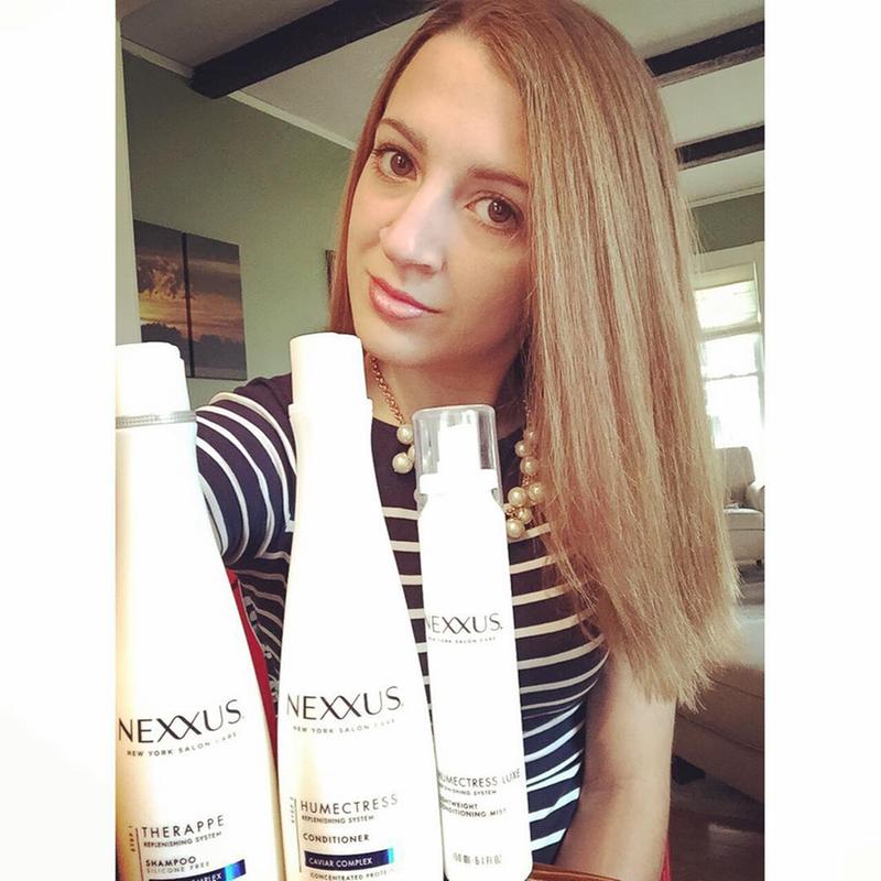 I used Nexxus Therappe shampoo, Humectress conditioner, and the Humectress Luxe conditioning spray, followed by a blow dry.