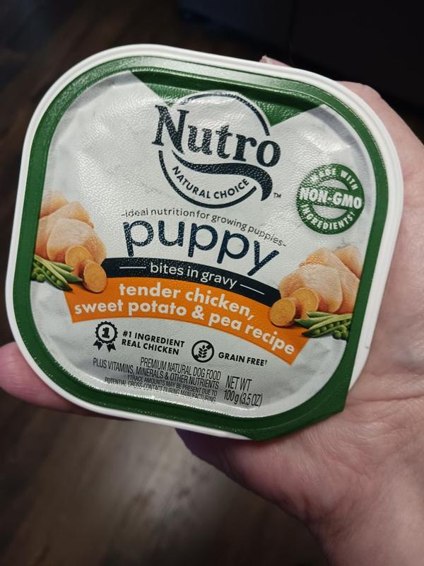 Puppy Tender Chicken Sweet Potato Pea Recipe Bites in Gravy