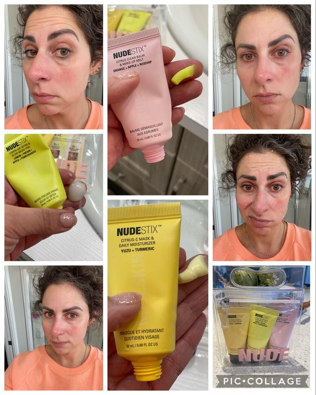 First three pics are before the cleanser and after. The next is the exfoliating mask pilled on my face and the last photo is after applying the moisturizer.