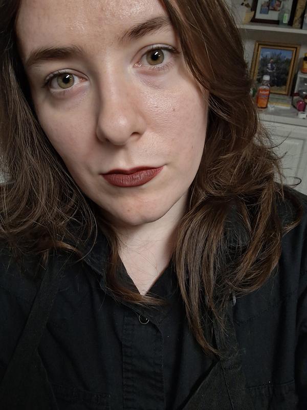 Full size tube of Girl Bye, arm swatch in Ulta lighting, lipstick wear after shift (no touch ups!)