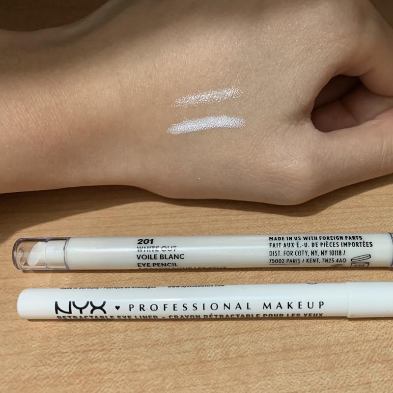 difference between other white eyeliner (top swatch) and nyx (bottom swatch)