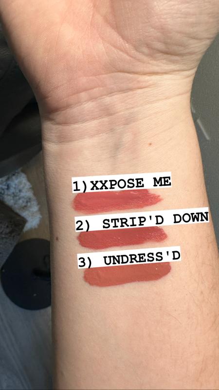 swatches of nyx lingerie xxl liquid lipstick in straps off (left) and turn  on (right) lovee this formula: long-wearing and transfer proof but not  drying :) : r/drugstoreMUA