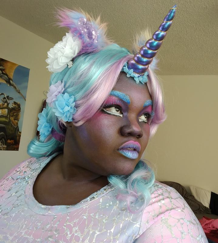 NYX lip suede on eyes, mascara on lashes, pigments/pearls/lip cream all over.