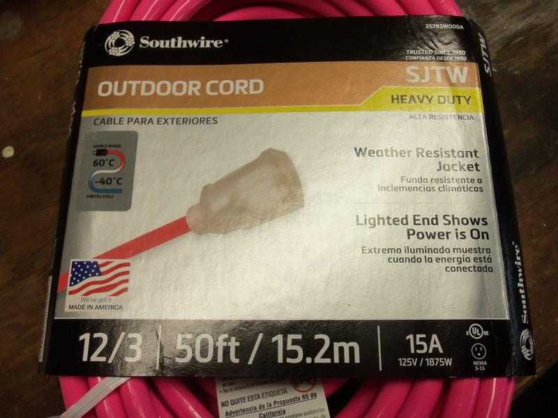 Southwire 12/3 50' SJTW Cool Pink Extension Cord w/ Lighted End
