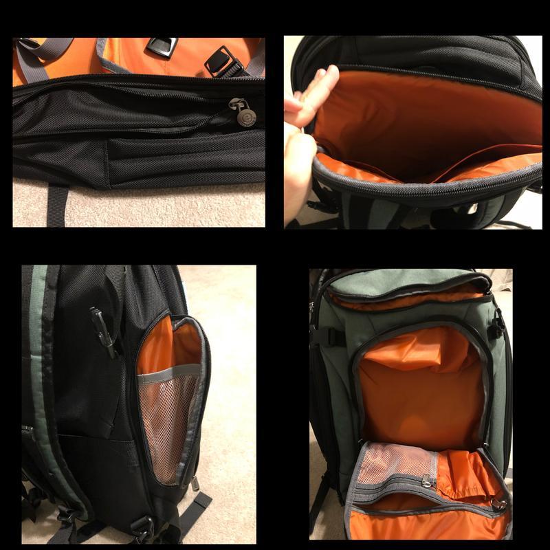 Details of zipper, extension, padded laptop pocket, bottle holder, front pockets