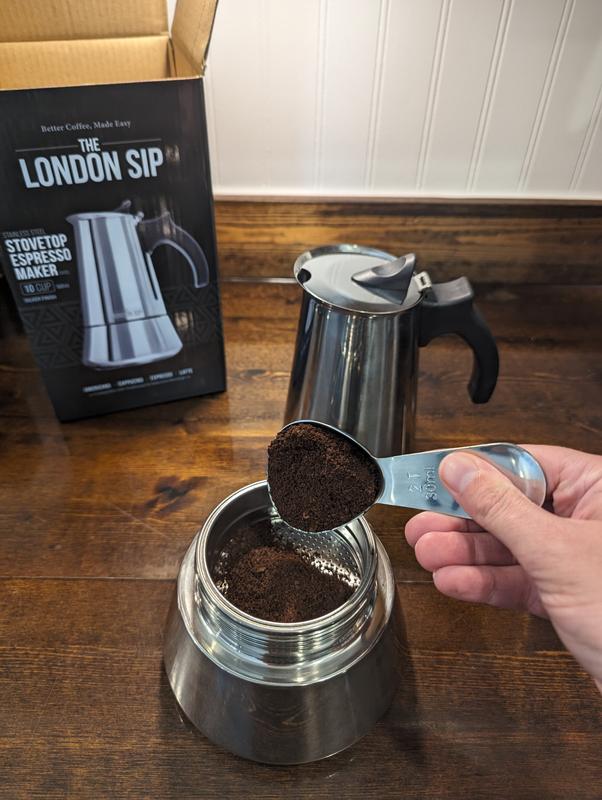 London Sip Espresso Maker, 10 Cups, Stainless Steel, Matte Black