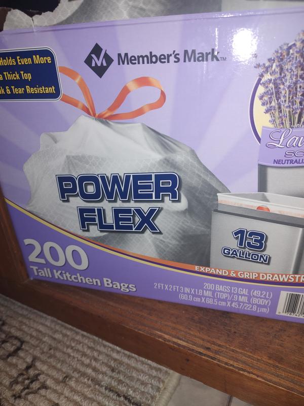 Member's Mark Power Flex Tall Kitchen Drawstring Bags (13 Gallon, 200 Count) Lavender Scent