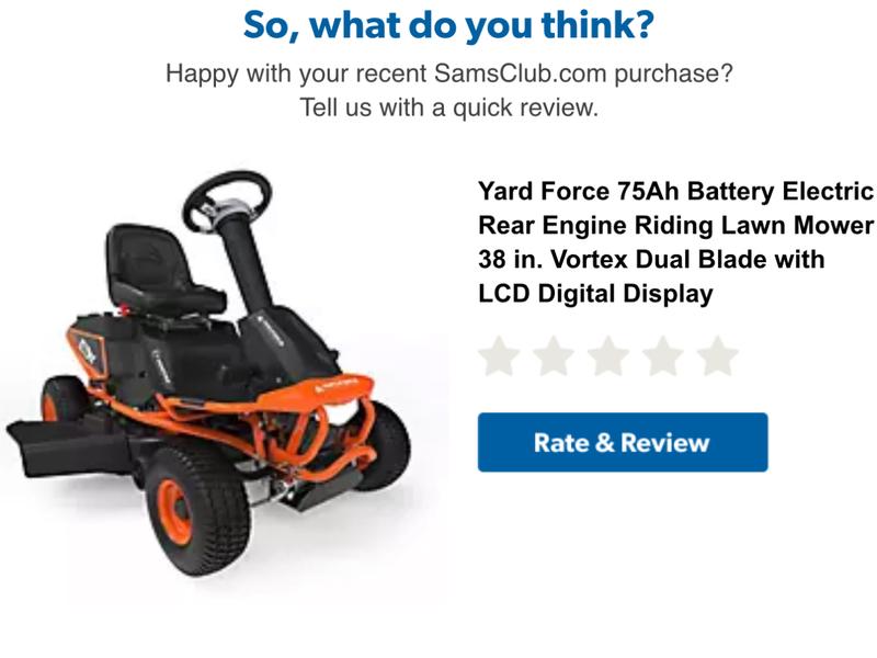 Yard Force 75Ah Battery Electric Rear Engine Riding Lawn Mower 38 in. Vortex Dual Blade with LCD Digital Display Sam s Club