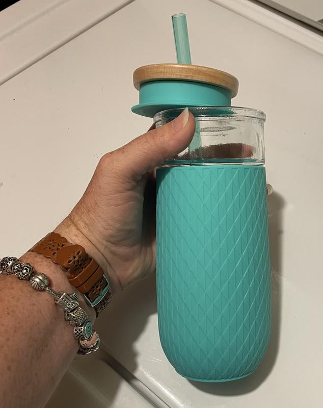 Ello Devon Glass Tumbler with Splash Proof Wooden Lid and Straw, Protective  No Sweat Silicone Sleeve…See more Ello Devon Glass Tumbler with Splash