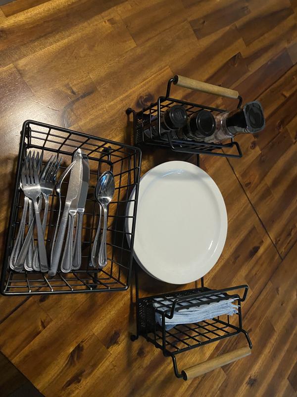 Black Metal Mesh Kitchen, Picnic Buffet Caddy for Utensils, Plates, and Napkins with Handle