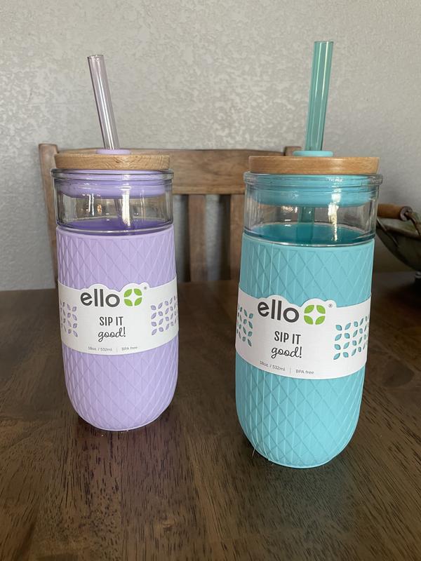 Ello Devon 18oz Glass Tumbler with Straw, 2-Pack (Grey/Aqua)