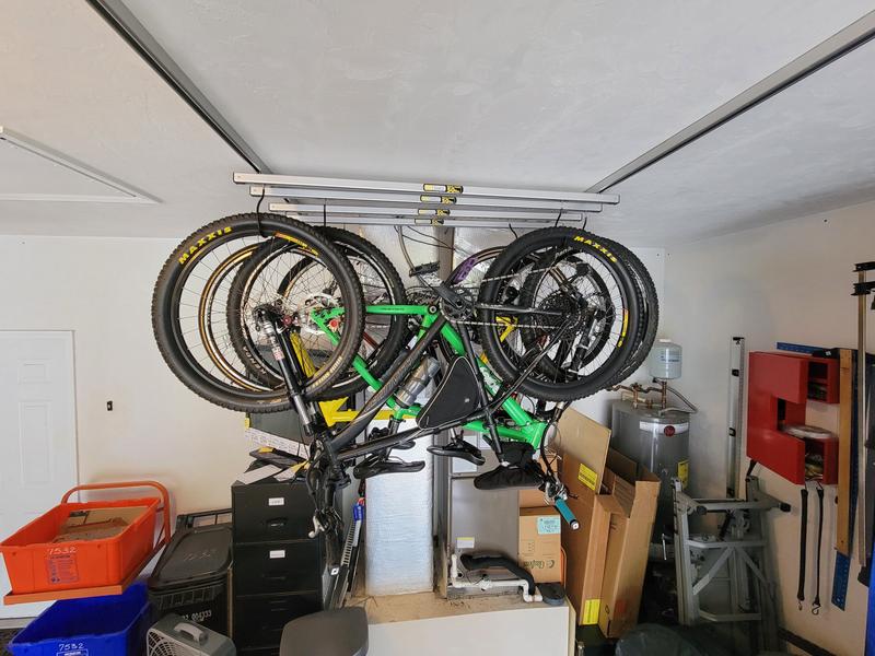 Bike rack store for garage ceiling