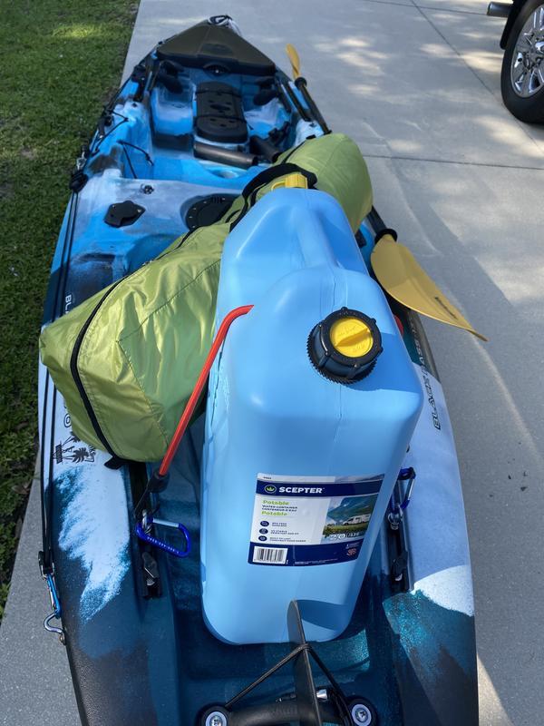 Tied down to the rear of the kayak
