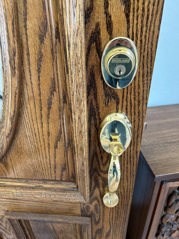 Schlage Plymouth Bright Brass Single Cylinder Deadbolt with Flair Knob Door Handleset Schlage Plymouth Bright Brass Single Cylinder Deadbolt with Flair Knob Door Handleset