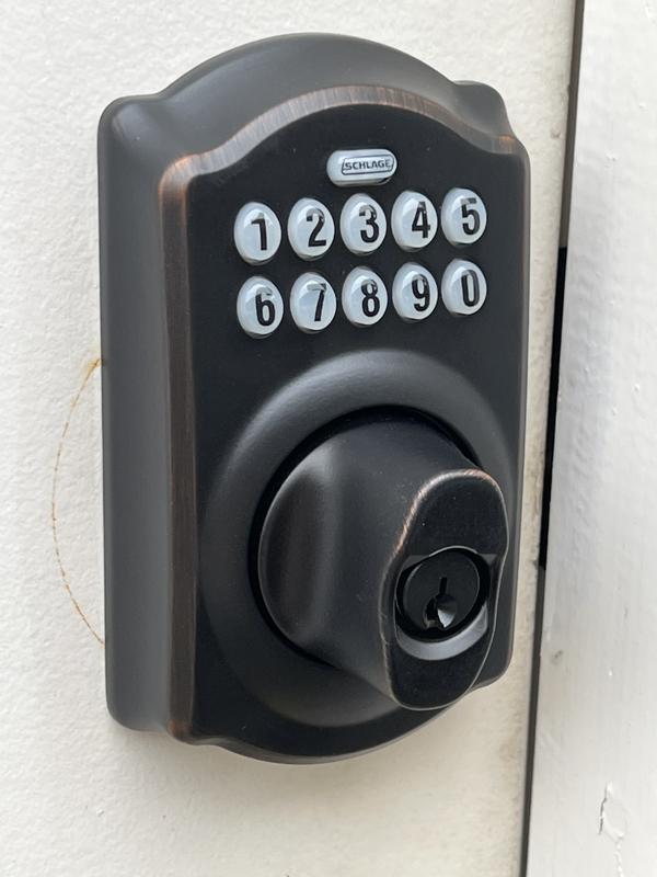 Schlage Camelot Aged Bronze Electronic Deadbolt with Keypad BE365