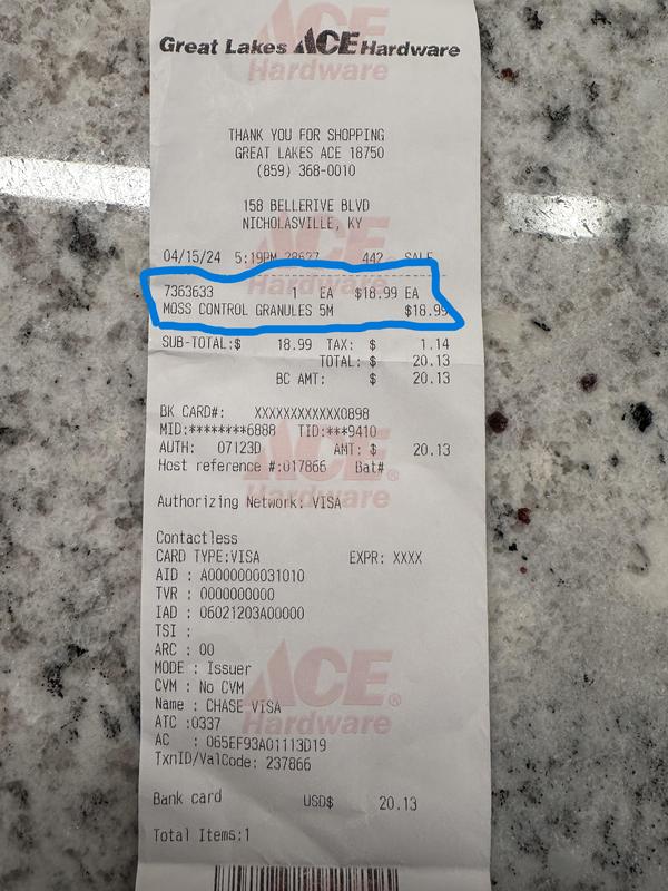 Paver and Concrete Slab Damage; Paver Damage; Paver difference where MossEx was/was not applied; receipt