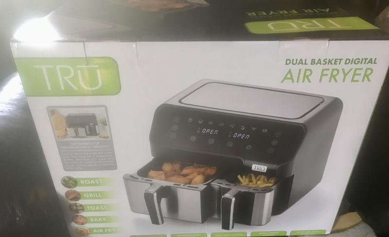 TRU Dual Zone, 2-Basket Air Fryer by Select Brands - Dual Basket Air Fryer  with Smart Finish Technology - Double Basket Air Fryer to Cook Fries, Meat
