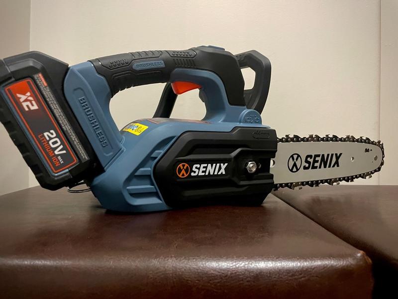 Senix 20 Volt MAX* 10-Inch Cordless Brushless Top Handle Chainsaw (Battery and Charger Included), Csx2-m1, Blue