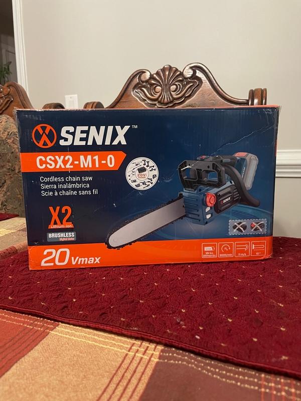 Senix 20 Volt MAX* 10-Inch Cordless Brushless Top Handle Chainsaw (Battery and Charger Included), Csx2-m1, Blue