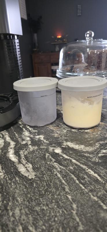 Pints , one empty, one with vanilla ice cream