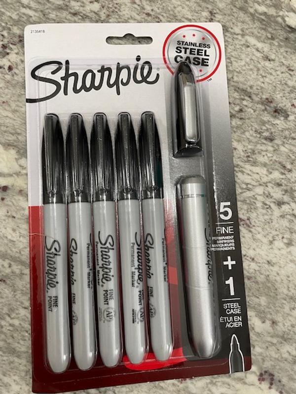 Sharpie Permanent Markers with Stainless Steel Marker Case, Fine Point,  Black, Set of 6
